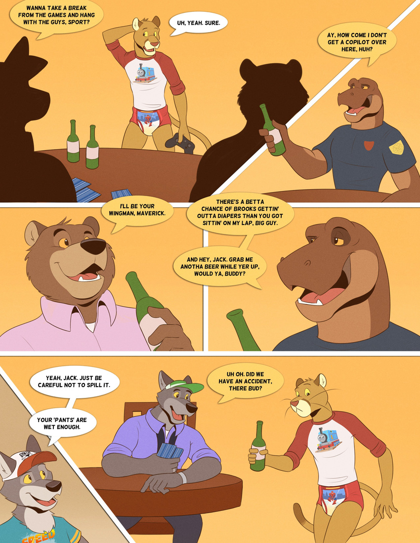 2017 alcohol anthro bear beer beverage brooks canine clothing colt3n comic cougar diaper dinosaur embarrassed english_text father feline infantilism jack_(colt3n) male mammal parent poker shirt simple_background text urine wet_diaper wolf