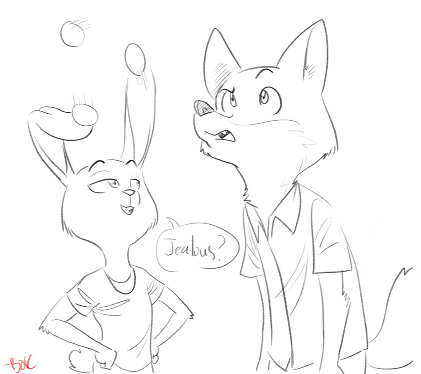 anthro boreoboros buckteeth canine clothed clothing dialogue disney duo egg female fox fur half-closed_eyes hand_on_hip hi_res judy_hopps lagomorph male mammal monochrome nick_wilde rabbit signature speech_bubble teeth text trick zootopia