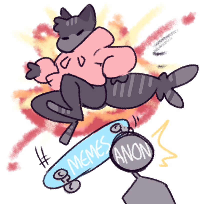 anthro bottomless clothed clothing explosion eyes_closed feline fire fish hybrid male mammal marine nepetacide shark skateboard solo