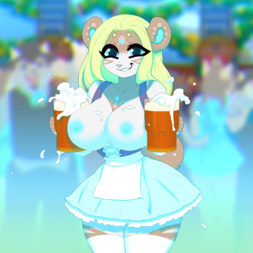 alcohol anthro bear beer beverage big_breasts breasts chococosalo clothed clothing female looking_at_viewer mammal nipples panda smile solo standing
