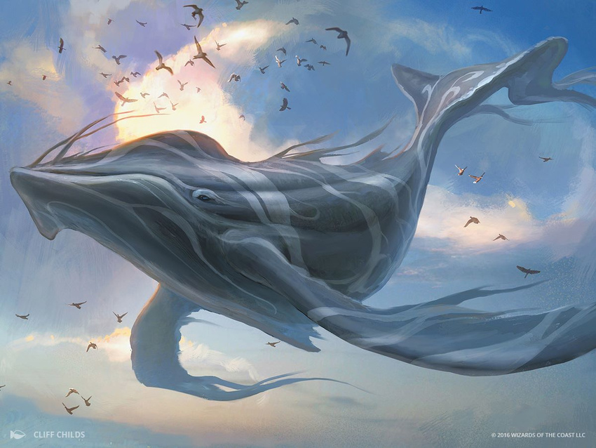 ambiguous_gender avian backlit bird cetacean cliff_childs cloudscape feral flying group magic_the_gathering mammal marine official_art size_difference sky solo_focus whale
