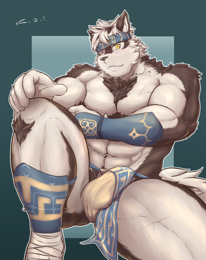 bulge canine clothing handband horkeukamui loincloth male mammal muscular solo tokyo_afterschool_summoners wolf