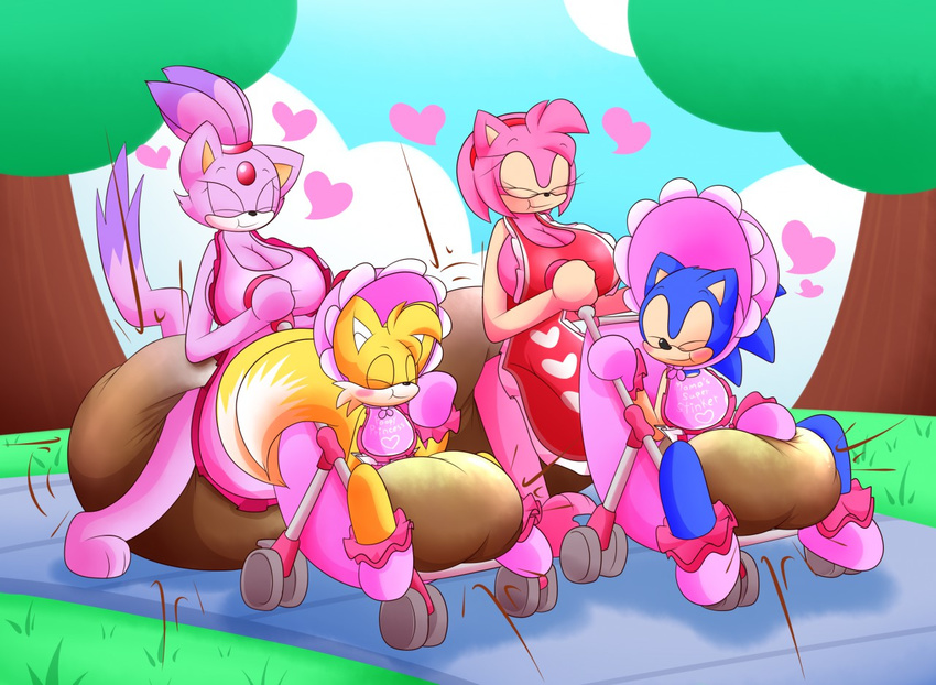 &lt;3 amy_rose bib big_breasts blaze_the_cat blue_fur blush breasts cleavage clothed clothing diaper eyes_closed feces female fur hyper hyper_feces hyper_soiling hypermess male messy_diaper miles_prower pink_fur purple_fur scat sir-dancalot smile soiling sonic_(series) sonic_the_hedgehog stroller yellow_fur