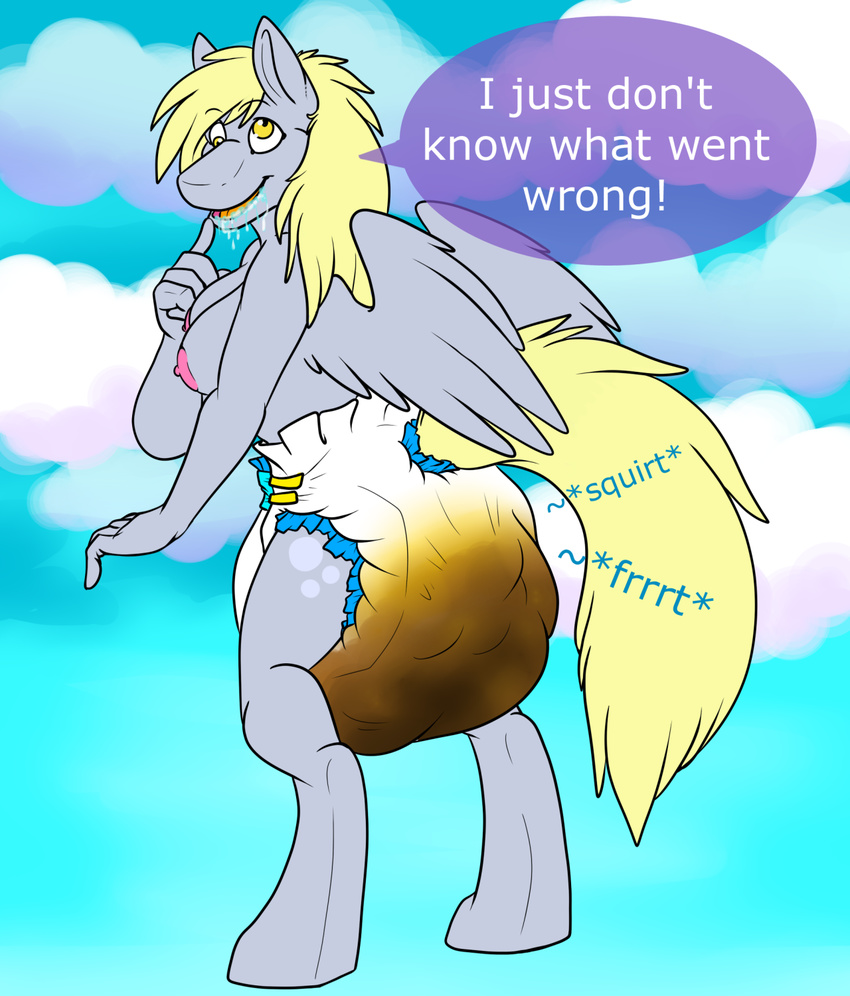 anthro blonde_hair breasts carnival-tricks derpy_hooves_(mlp) diaper drooling equine feathered_wings feathers feces female floating friendship_is_magic g hair looking_at_viewer mammal messy_diaper my_little_pony nipples pegasus saliva scat solo wings yellow_eyes