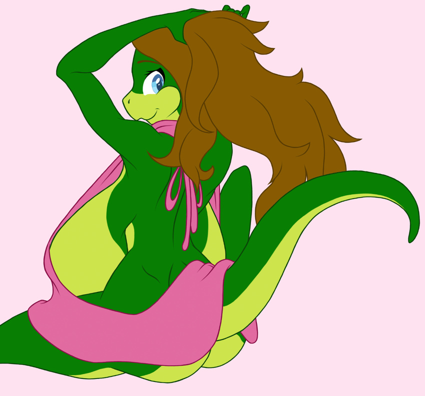 anthro big_breasts blue_eyes breasts brown_hair clothing female hair huge_breasts lizard reptile samantha_brooks sarcolopter scalie simple_background solo sweater