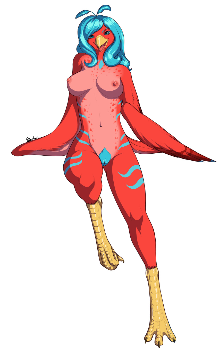 anthro avian beak bird bourbon_(artist) breasts feathered_wings feathers female nipples nude open_mouth pussy smile solo wings