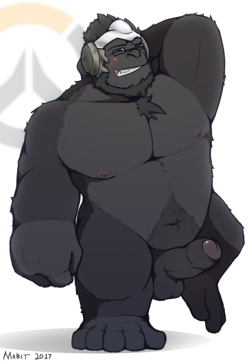 2017 anthro ape armpits balls blush digital_media_(artwork) erection eyewear foreskin fur glasses gorilla hair hi_res humanoid_penis mabit male mammal muscular nipples nude overwatch partially_retracted_foreskin pecs penis primate simple_background smile solo standing video_games winston_(overwatch)