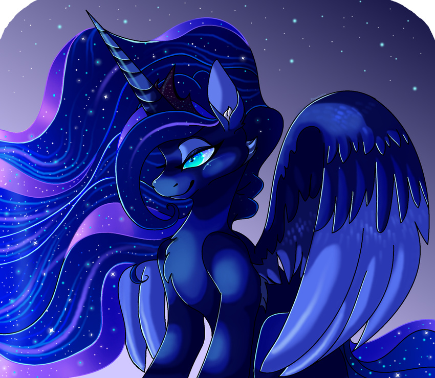 blue_eyes blue_feathers blue_fur equine feathered_wings feathers female feral fluffy friendship_is_magic fur horn mammal my_little_pony nude plaguedogs123 princess_luna_(mlp) sitting smile solo winged_unicorn wings