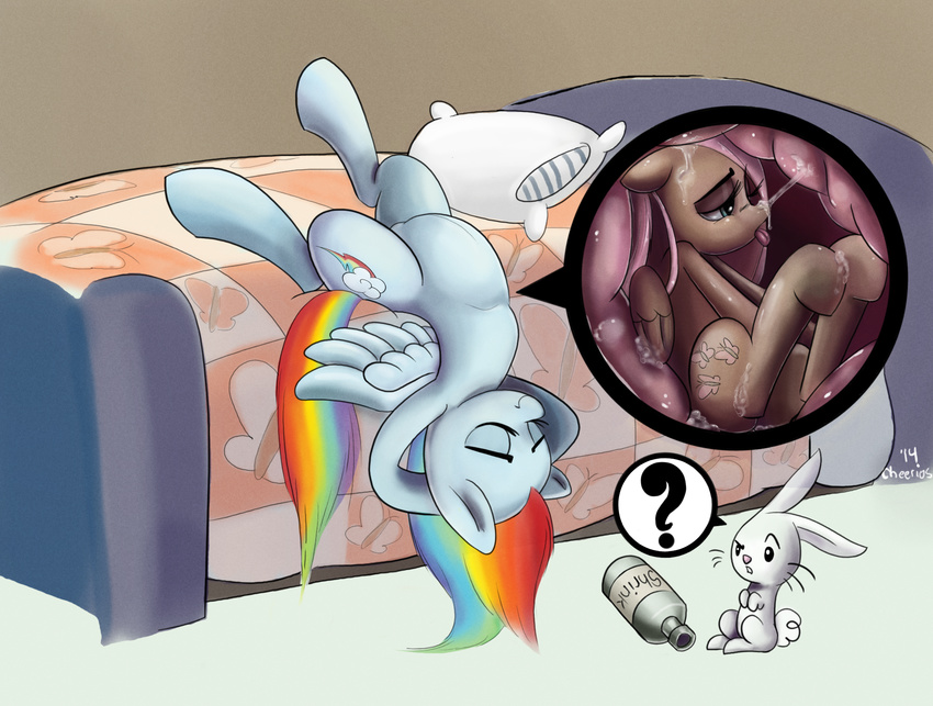 ? angel_(mlp) bed cheerios eyes_closed floppy_ears fluttershy_(mlp) friendship_is_magic internal micro my_little_pony open_mouth rainbow_dash_(mlp) tongue tongue_out vore