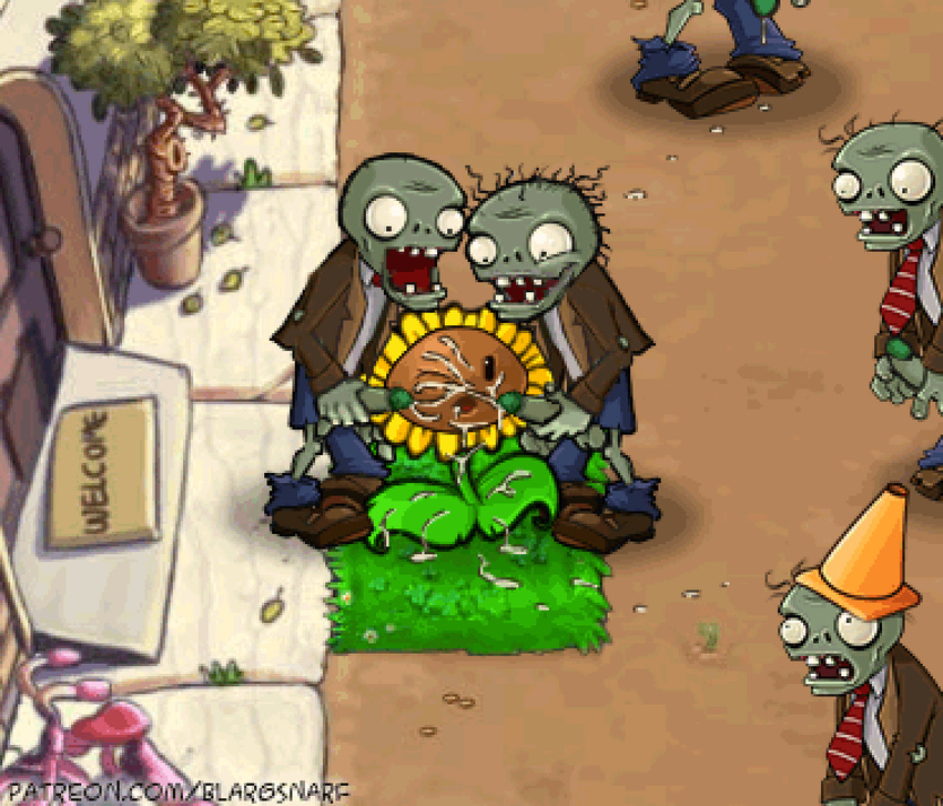 black_eyes blargsnarf bukkake cum cum_on_face female flora_fauna flower male male/female penis plant plants_vs_zombies sunflower sunflower_(pvz) undead zombie