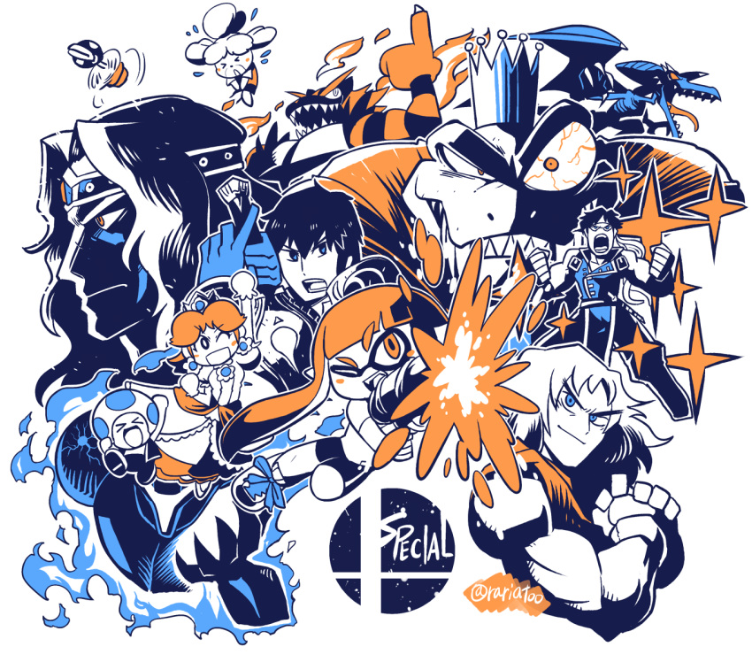 6+boys adjusting_skirt aiming_at_viewer arm_up artist_name aura bloodshot_eyes blush castlevania castlevania:_rondo_of_blood circlet creatures_(company) crown dark_samus donkey_kong_(series) donkey_kong_country doubutsu_no_mori dougi dress evil_smile fangs fire_emblem fire_emblem:_kakusei flying game_freak gen_7_pokemon headband helmet highres incineroar ink inkling ken_masters king_k._rool krom looking_at_viewer looking_to_the_side mario_(series) metroid metroid_prime monochrome multiple_boys multiple_girls new_super_mario_bros._wii nintendo open_mouth piranha_plant pointing pointing_up pokemon pokemon_(creature) princess_daisy rariatto_(ganguri) richter_belmondo ridley shaded_face shizue_(doubutsu_no_mori) simon_belmondo simple_background smile splatoon_(series) street_fighter super_mario_land super_mario_run super_smash_bros. super_smash_bros._ultimate tentacle_hair toad tomboy tongue tongue_out wings