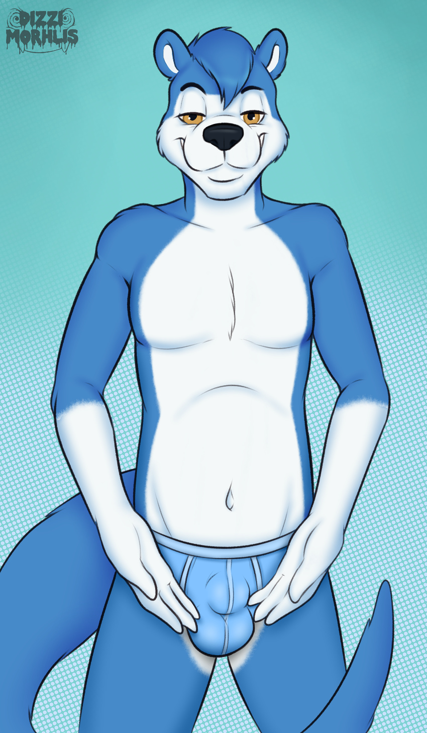 4_fingers anthro black_nose blue_fur briefs brown_eyes bulge clothing cub fur island_(character) male mammal morhlis mustelid navel otter simple_background solo standing teenager underwear white_fur young
