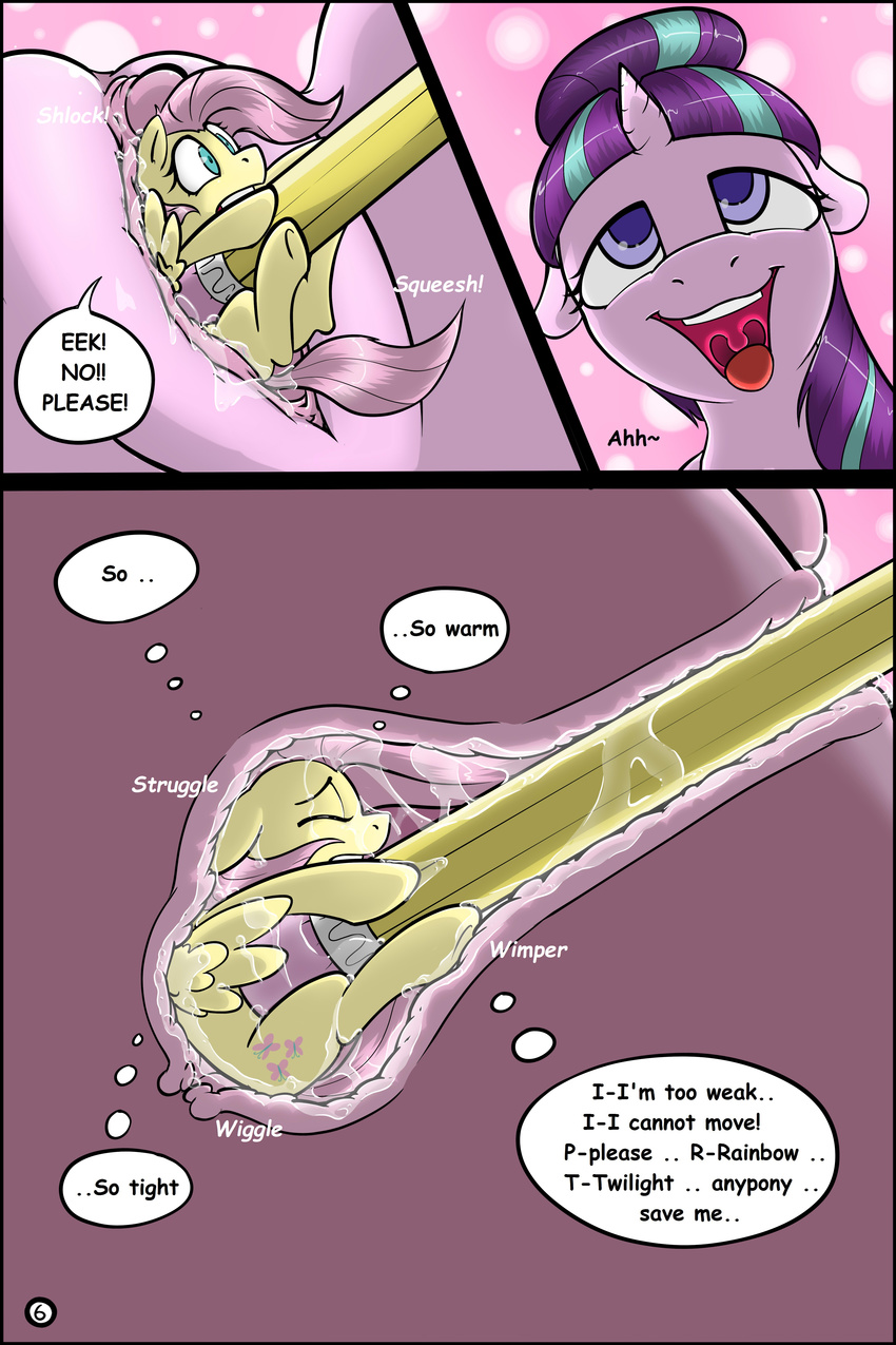 2017 absurd_res clitoris comic dialogue duo english_text equine female feral fluttershy_(mlp) friendship_is_magic gtsdev hair hi_res hooves horn mammal micro multicolored_hair my_little_pony open_mouth pegasus pencil_(object) penetration pink_hair pussy pussy_juice starlight_glimmer_(mlp) text tongue unbirthing unicorn vaginal vaginal_penetration vore wings