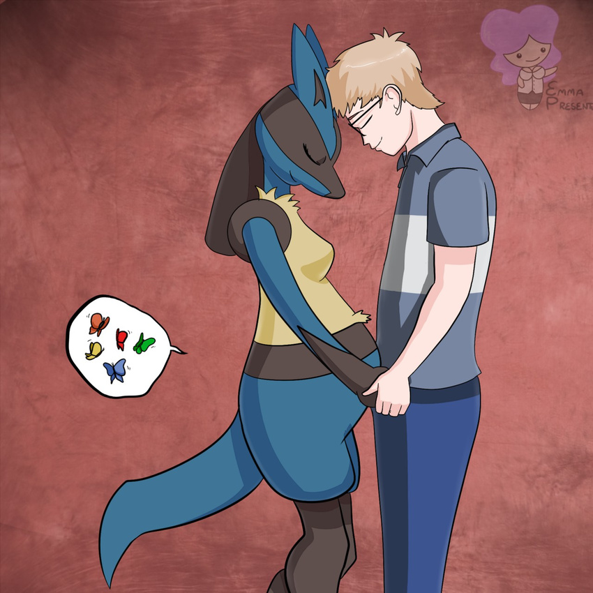 arthropod blue_fur breasts butterfly duo emmapresents female foreheads_touching fur hand_holding human insect luca-chan lucario mammal nintendo pok&eacute;mon pregnant video_games yellow_fur