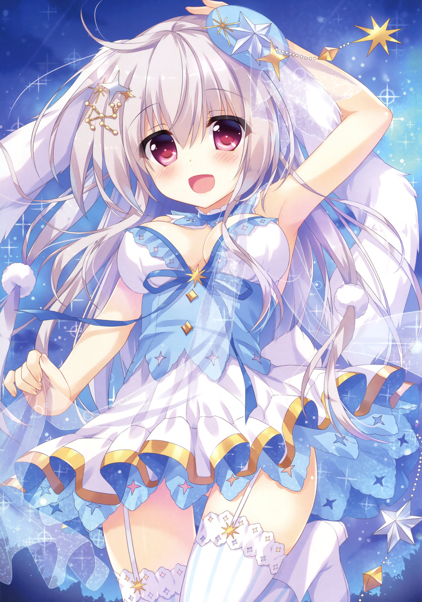 :d absurdres ameto_yuki arm_up armpits blanc_(ameto_yuki) boots breasts cleavage dress eyebrows_visible_through_hair garter_straps hair_ornament high_heel_boots high_heels highres long_hair looking_at_viewer medium_breasts open_mouth original red_eyes see-through silver_hair smile solo standing star star_hair_ornament striped striped_legwear thighhighs white_footwear white_legwear