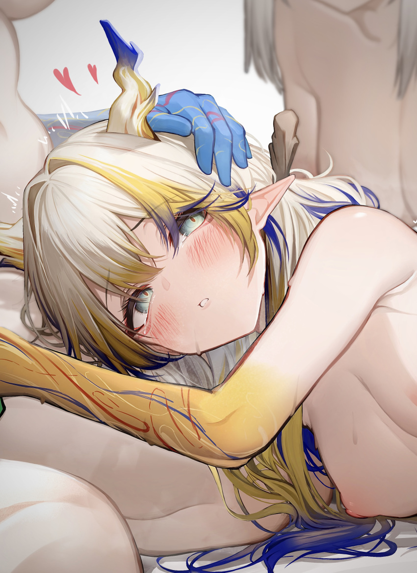3girls absurdres arknights blonde_hair blue_hair blush breasts close-up colored_extremities dragon_girl dragon_horns green_eyes grey_hair hair_intakes hand_on_another's_head heart highres horns lap_pillow ling_(arknights) long_hair looking_back lying multicolored_hair multiple_girls nipples no_earrings nude on_side paid_reward_available parted_lips pointy_ears shu_(arknights) solo_focus sweat tab_head twitching