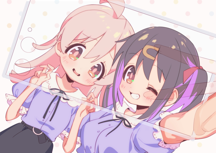 2girls ;d ahoge bare_arms belt black_hair black_skirt breasts brown_eyes cellphone commentary double_w grin hair_between_eyes hair_ornament hair_ribbon hairclip highres holding holding_phone light_blush long_hair looking_at_viewer matching_outfits medium_breasts motituki0 multicolored_hair multiple_girls one_eye_closed onii-chan_wa_oshimai! oyama_mahiro oyama_mihari phone pink_hair polka_dot polka_dot_background puffy_short_sleeves puffy_sleeves purple_hair purple_shirt red_ribbon ribbon selfie shirt short_sleeves siblings sisters skirt smartphone smile two-tone_hair v w