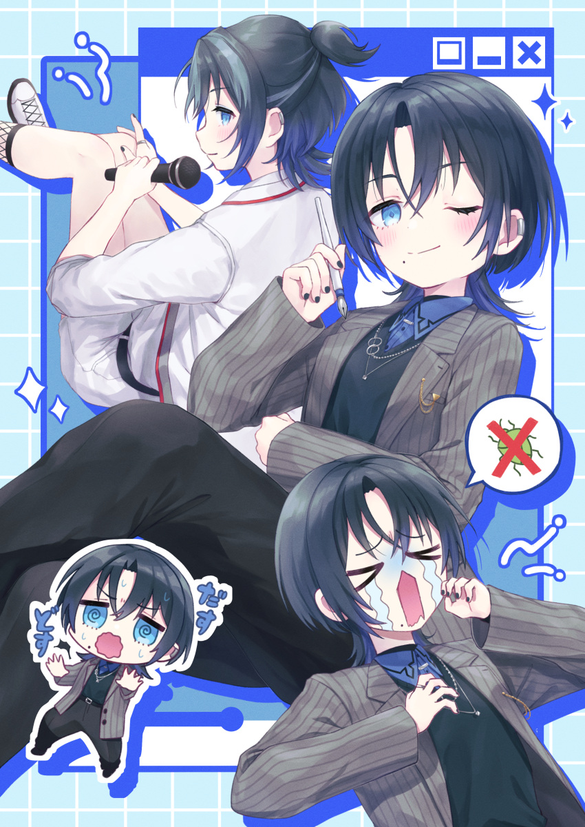 1girl @_@ absurdres black_nails black_pants black_shirt blue_hair blush chibi closed_eyes collared_shirt grey_jacket highres hiodoshi_ao holding holding_microphone holding_pen hololive hololive_dev_is jacket looking_at_viewer microphone mole mole_under_eye nail_polish nuinuniki official_alternate_costume one_eye_closed open_mouth pants pen shirt shoes short_hair shorts solo striped_clothes striped_jacket vertical-striped_clothes vertical-striped_jacket virtual_youtuber white_footwear white_shirt white_shorts