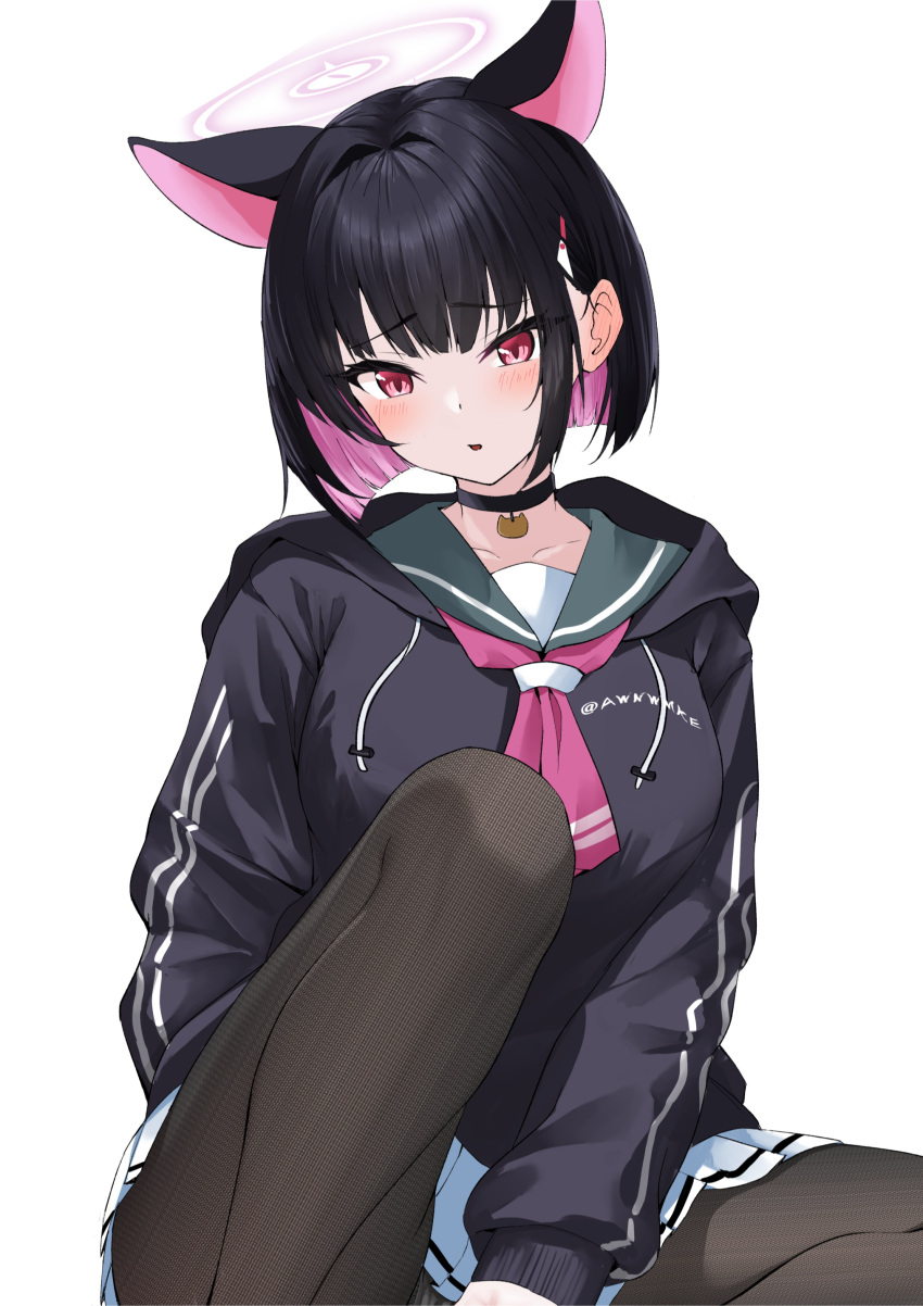 1girl absurdres animal_ears awnw black_choker black_hoodie black_jacket black_pantyhose blue_archive blush breasts cat_choker cat_ears choker colored_inner_animal_ears colored_inner_hair extra_ears green_sailor_collar halo highres hood hooded_jacket hoodie jacket kazusa_(blue_archive) large_breasts looking_at_viewer multicolored_hair neckerchief pantyhose pink_halo pink_neckerchief red_eyes sailor_collar short_hair skirt solo trinity_general_school_logo white_skirt