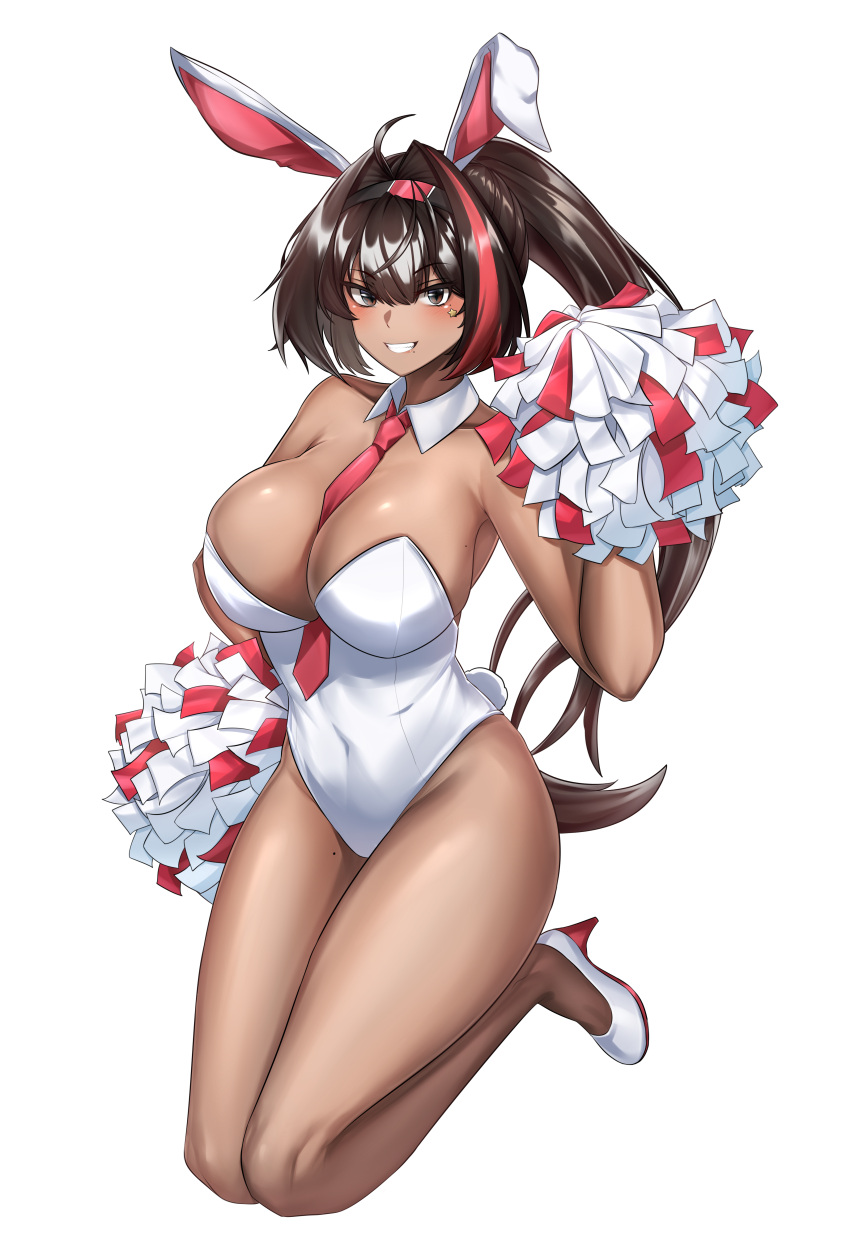 1girl :d absurdres ahoge animal_ears bare_legs bare_shoulders bay_(nikke) between_breasts black_eyes black_hair blush breasts cleavage covered_navel dark-skinned_female dark_skin detached_collar fake_animal_ears fake_tail goddess_of_victory:_nikke hair_between_eyes hair_intakes hand_up headband highleg highleg_leotard highres holding holding_pom_poms large_breasts leotard long_hair looking_at_viewer mapyarong midair mole mole_on_breast mole_under_mouth multicolored_hair necktie necktie_between_breasts playboy_bunny pom_pom_(cheerleading) ponytail rabbit_ears rabbit_tail red_hair red_necktie smile solo star_(symbol) star_in_eye star_sticker sticker_on_face strapless strapless_leotard streaked_hair symbol_in_eye tail thick_thighs thighs toned very_long_hair white_background white_leotard