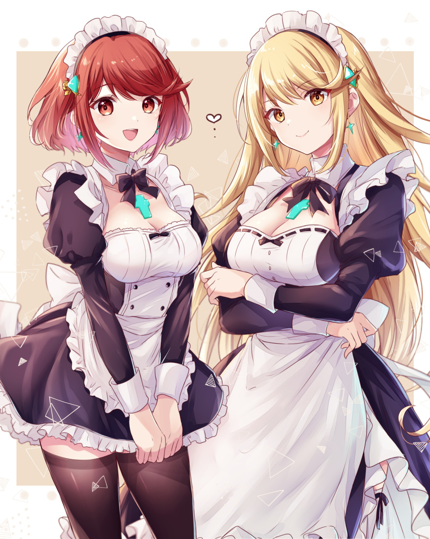 2girls alternate_costume apron black_dress black_ribbon black_thighhighs blonde_hair breasts chest_jewel cleavage closed_mouth commentary_request core_crystal_(xenoblade) crossed_arms dress enmaided highres juliet_sleeves large_breasts long_hair long_sleeves looking_at_viewer maid maid_apron maid_headdress medium_breasts multiple_girls mythra_(xenoblade) neck_ribbon open_mouth puffy_sleeves pyra_(xenoblade) red_eyes red_hair ribbon short_hair smile swept_bangs thighhighs ui_frara white_apron xenoblade_chronicles_(series) xenoblade_chronicles_2 yellow_eyes