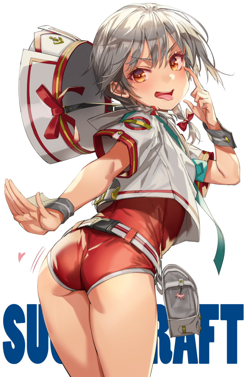 1girl ass belt blush bodysuit braid grey_hair hair_ornament hat highres long_hair looking_at_viewer looking_back michairu original red_bodysuit shirt short_hair simple_background solo tongue tongue_out twin_braids white_background white_belt white_shirt wrist_cuffs yellow_eyes