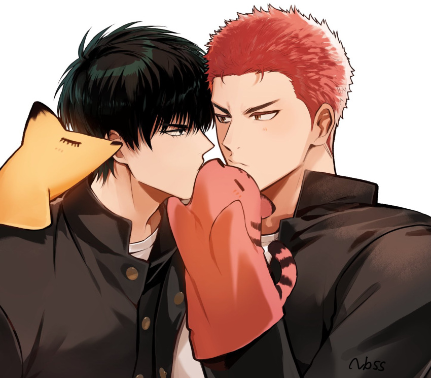 2boys black_eyes black_hair eye_contact gakuran hand_puppet highres looking_at_another male_focus multiple_boys nbss_sd puppet red_hair rukawa_kaede sakuragi_hanamichi school_uniform short_hair simple_background slam_dunk_(series) solo upper_body white_background yaoi