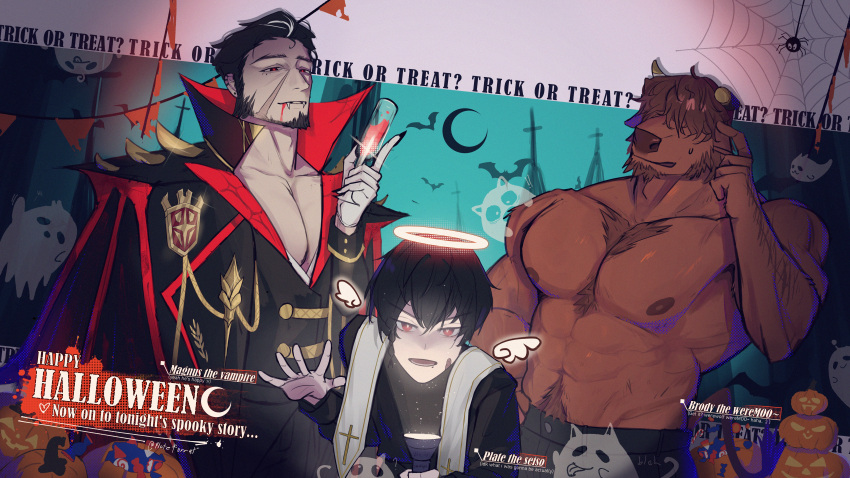 3boys absurdres alternate_costume bara black_hair blood blood_from_mouth brody_(plateforrat) brown_fur chest_tuft dutch_angle facial_hair fangs furrification furry goatee halloween halloween_costume halo highres large_pectorals looking_at_viewer magnus_mordium_(plateforrat) male_focus mature_male minotaur multiple_boys muscular muscular_male nipples original pectoral_cleavage pectorals plateforrat priest scar scar_on_cheek scar_on_face short_hair shy strongman_waist sweatdrop thick_eyebrows thick_navel_hair topless_male vampire_costume
