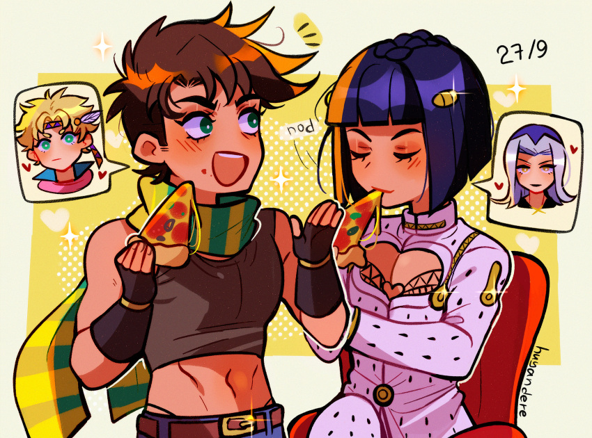 4boys battle_tendency black_hair blonde_hair bob_cut brown_hair bruno_bucciarati caesar_anthonio_zeppeli chair cleavage_cutout closed_eyes clothing_cutout commentary crop_top eating english_commentary food green_eyes grey_hair hat heart highleg highres holding holding_food holding_pizza huyandere jojo_no_kimyou_na_bouken joseph_joestar joseph_joestar_(young) leone_abbacchio long_hair male_focus medium_hair midriff multiple_boys navel pizza purple_eyes scarf sitting spoken_character striped_clothes striped_scarf vento_aureo