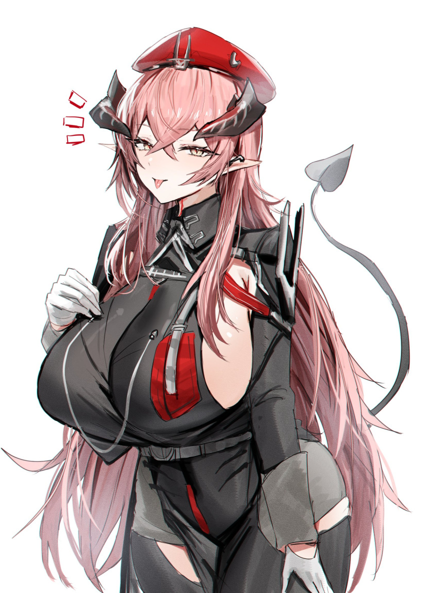 1girl arknights black_dress breasts closed_mouth commentary_request crossed_bangs demon_girl demon_horns demon_tail dress el'shula_(arknights) forward_facing_horns gloves hair_between_eyes hand_on_own_chest highres horn/wood horns huge_breasts long_sleeves looking_at_viewer pink_hair pointy_ears sideboob sideboob_cutout simple_background slit_pupils solo tail tongue tongue_out upper_body ursula_sarkaz_(arknights) white_background white_gloves yellow_eyes
