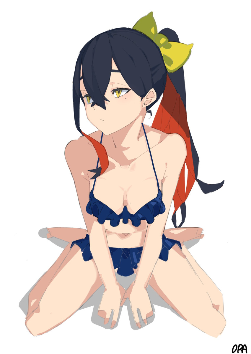 1girl artist_name barefoot bikini black_hair blue_bikini bow breasts carmine_(pokemon) cleavage closed_mouth collarbone colored_inner_hair commentary_request eyelashes frilled_bikini frills hair_between_eyes hair_bow highres mole mole_under_eye multicolored_hair navel ora_(oraora_oekaki) own_hands_together pokemon pokemon_sv ponytail single_sidelock sitting solo swimsuit yellow_eyes