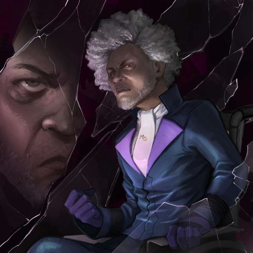 &gt;:( 1boy collar commentary crack cracked_glass elijah_price english_commentary facial_hair glass_(movie) gloves grey_beard grey_hair highres initial looking_at_viewer nikusenpai purple_collar purple_gloves sitting suit the_eastrail_177_trilogy v-shaped_eyebrows wheelchair