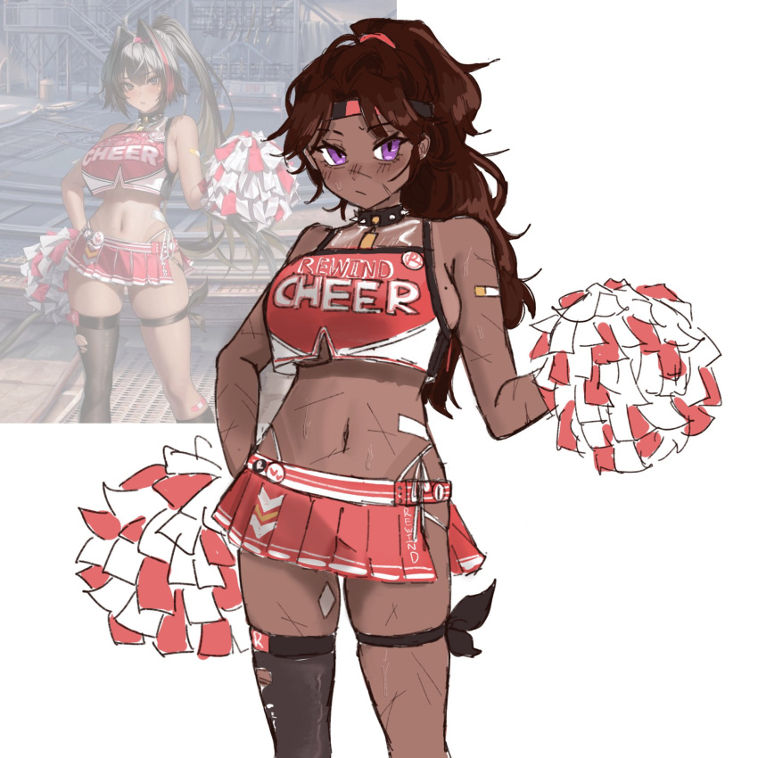 1girl bay_(nikke) bay_(nikke)_(cosplay) black_choker breasts brown_hair cheerleader choker cosplay dark-skinned_female dark_skin genderswap genderswap_(mtf) goddess_of_victory:_nikke heathcliff_(project_moon) high_ponytail highres limbus_company looking_at_viewer miniskirt mole mole_on_breast parted_bangs pom_pom_(cheerleading) project_moon red_skirt reference_inset shroomychan sideboob skirt solo