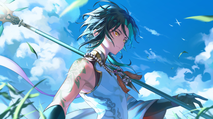 1boy absurdres aqua_hair arm_tattoo blue_gloves blue_hair blue_sky closed_mouth cloud cloudy_sky day detached_sleeves eyeshadow facial_mark forehead_mark genshin_impact gloves gold_trim grass hand_up highres holding holding_weapon jewelry koujisako long_sleeves looking_to_the_side makeup male_focus mandarin_collar multicolored_hair necklace outdoors pearl_necklace primordial_jade_winged-spear_(genshin_impact) red_eyeshadow shirt short_hair single_bare_shoulder single_detached_sleeve sky sleeveless sleeveless_shirt solo standing tassel tattoo two-tone_hair v-shaped_eyebrows weapon white_shirt wide_sleeves xiao_(genshin_impact) yellow_eyes