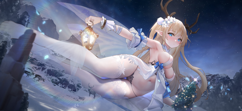 1girl antlers arm_garter armpits babydoll bare_shoulders black_panties blonde_hair blue_eyes blush breasts character_request christmas_tree deer deer_antlers dutch_angle flower full_body giant giantess glowing hair_flower hair_ornament haze/reverb highres holding holding_lantern horns lace-trimmed_panties lace-trimmed_thighhighs lace_trim lantern long_hair looking_at_viewer lying medium_breasts mountain navel night night_sky no_shoes official_art on_side outdoors panties pointy_ears reindeer sideboob sky snow solo star_(sky) starry_sky stomach string_panties thighhighs two_side_up underwear white_babydoll white_flower white_thighhighs wrist_cuffs