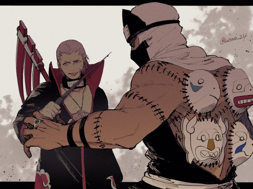 2boys artist_name blood colored_sclera hidan_(naruto) holding holding_weapon male_focus multiple_boys muscular muscular_male naruto_(series) outdoors red_sclera scythe tattoo tongue tongue_out topless_male unno_24 upper_body weapon