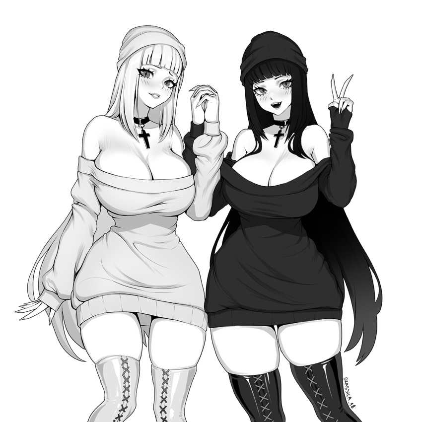 2girls beanie blunt_bangs blush brassica breasts choker cleavage cross cross-laced_clothes cross-laced_legwear eyelashes greyscale hat highres holding_hands interlocked_fingers large_breasts long_hair monochrome multiple_girls off-shoulder_sweater off_shoulder open_mouth original parted_lips sweater v