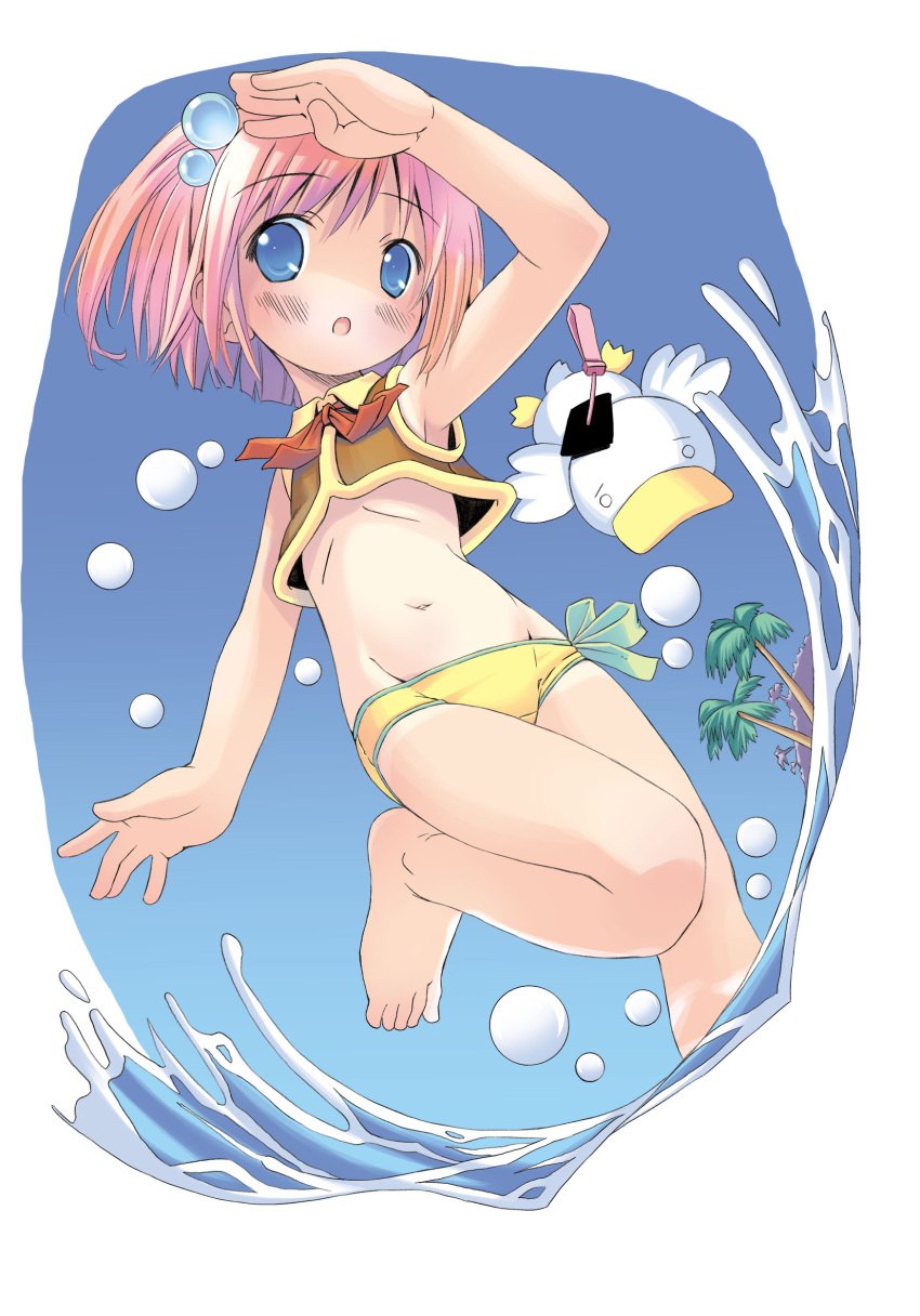 1girl absurdres ah-kun arm_up barefoot bikini bird blue_eyes blush duck flat_chest highres looking_at_viewer moetan navel nijihara_ink one_side_up open_mouth palm_tree pink_hair pop_(electromagneticwave) short_hair solo swimsuit thighs tree water