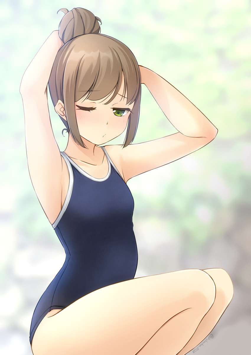 1girl absurdres armpits bare_arms bare_shoulders blue_one-piece_swimsuit blurry blurry_background breasts brown_hair closed_mouth collarbone commentary_request day depth_of_field feet_out_of_frame green_eyes hair_bun half-closed_eye highres one-piece_swimsuit one_eye_closed original outdoors shibacha sidelocks single_hair_bun small_breasts solo squatting swimsuit