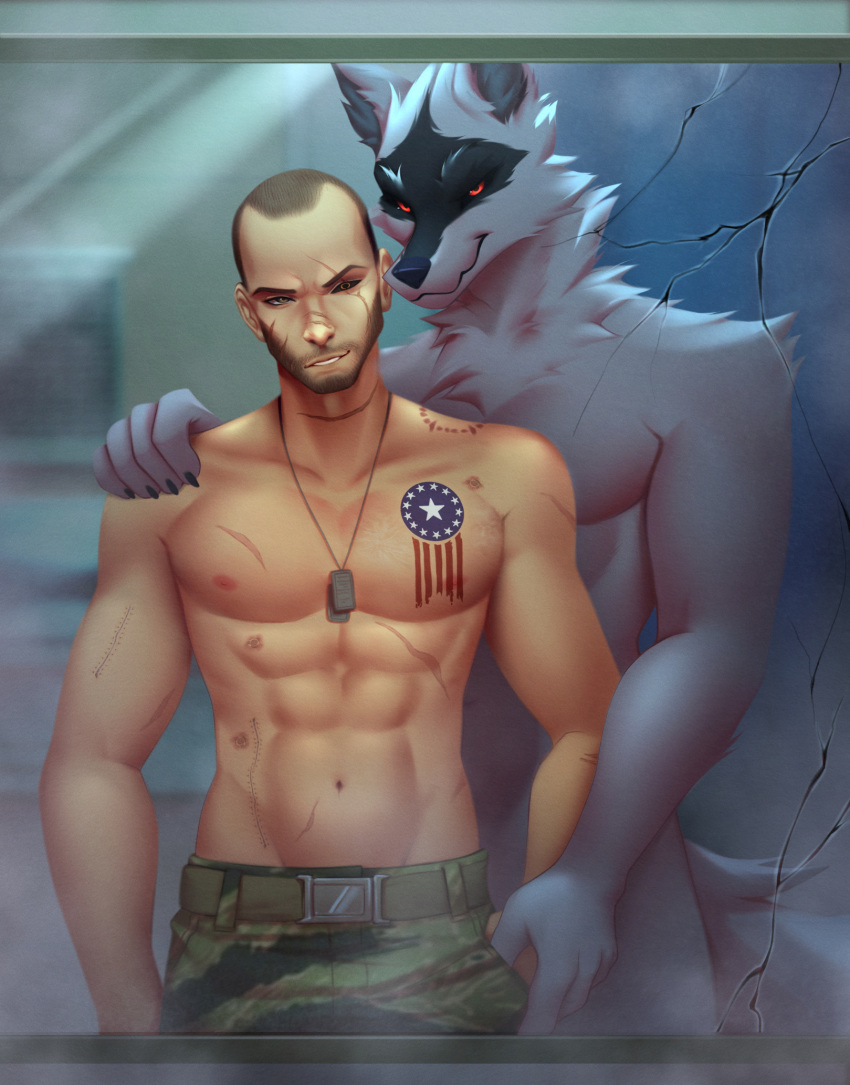 amarihel anthro bethesda_softworks canid canine canis death_(puss_in_boots) dreamworks duo eye_scar facial_scar fallout hand_holding hi_res human male male/male mammal mirror puss_in_boots_(dreamworks) romantic romantic_couple scar tattoo wolf