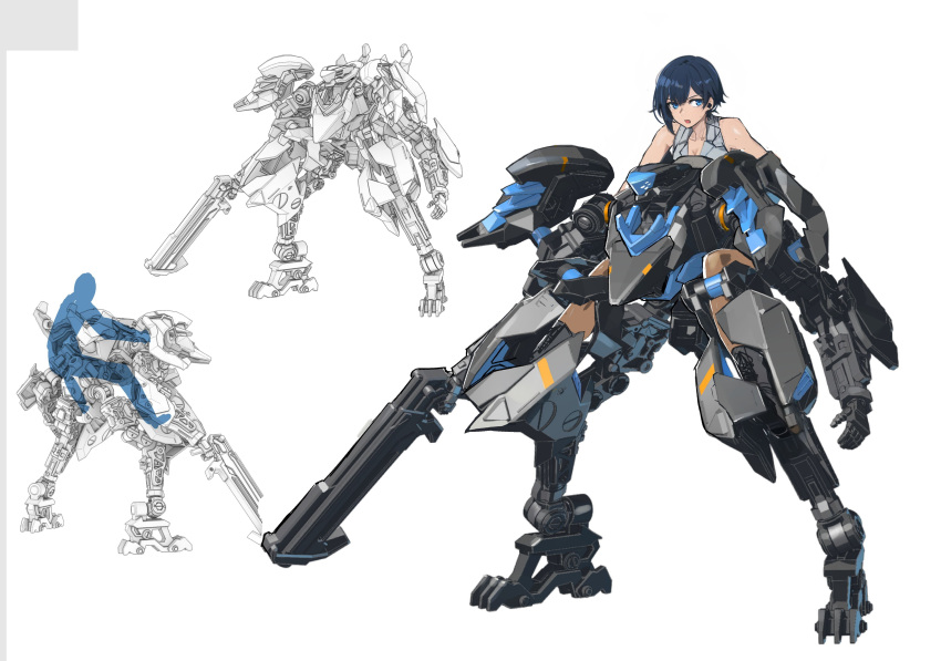 1girl absurdres bird/binary blue_eyes blue_hair breasts ciel_(bird/binary) cleavage crossover externally_piloted_mecha gun highres holding holding_gun holding_weapon las91214 mecha non-humanoid_robot rideback robot science_fiction short_hair sleeveless solo walker_(robot) weapon