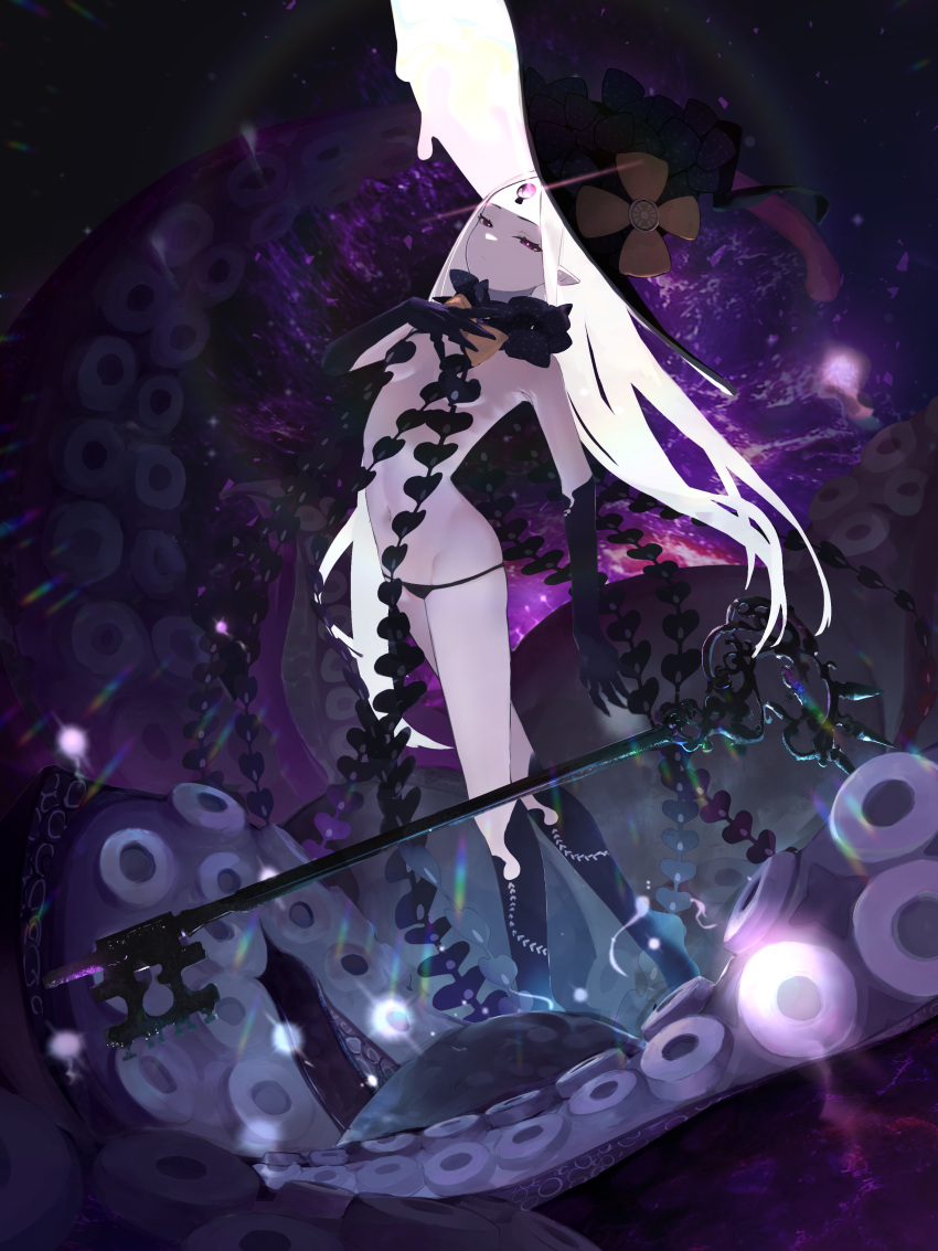 1girl abigail_williams_(fate) abigail_williams_(third_ascension)_(fate) absurdres bare_shoulders black_bow black_hat black_panties bow breasts colored_skin cthlo fate/grand_order fate_(series) forehead glowing glowing_eye hair_bow hat highres key keyhole long_hair looking_at_viewer navel orange_bow panties parted_bangs pointy_ears purple_eyes small_breasts solo staff tentacles third_eye underwear white_hair white_skin witch_hat