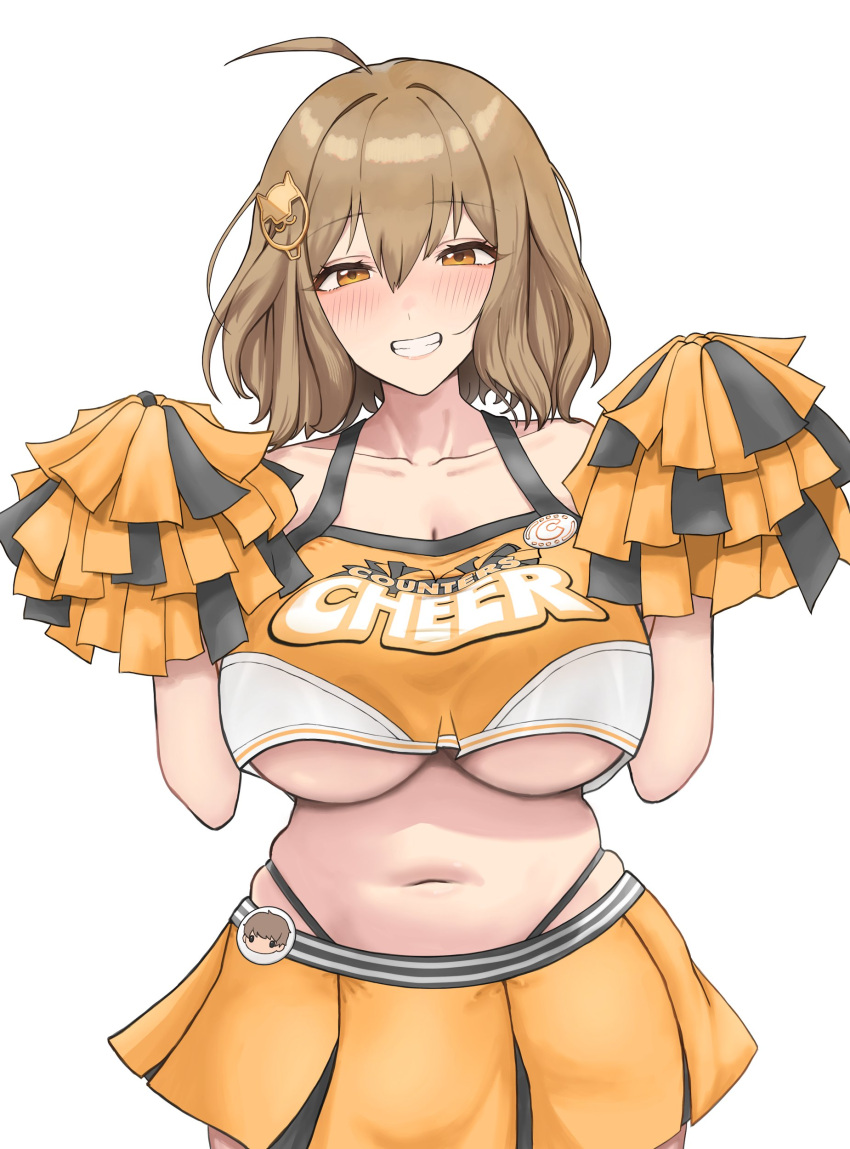 1girl absurdres ahoge anis_(nikke) breasts cheerleader collarbone crop_top crop_top_overhang gochu_(g0chuu) goddess_of_victory:_nikke highleg highleg_panties highres large_breasts looking_at_viewer miniskirt no_bra panties pom_pom_(cheerleading) short_hair skirt stomach underboob underwear