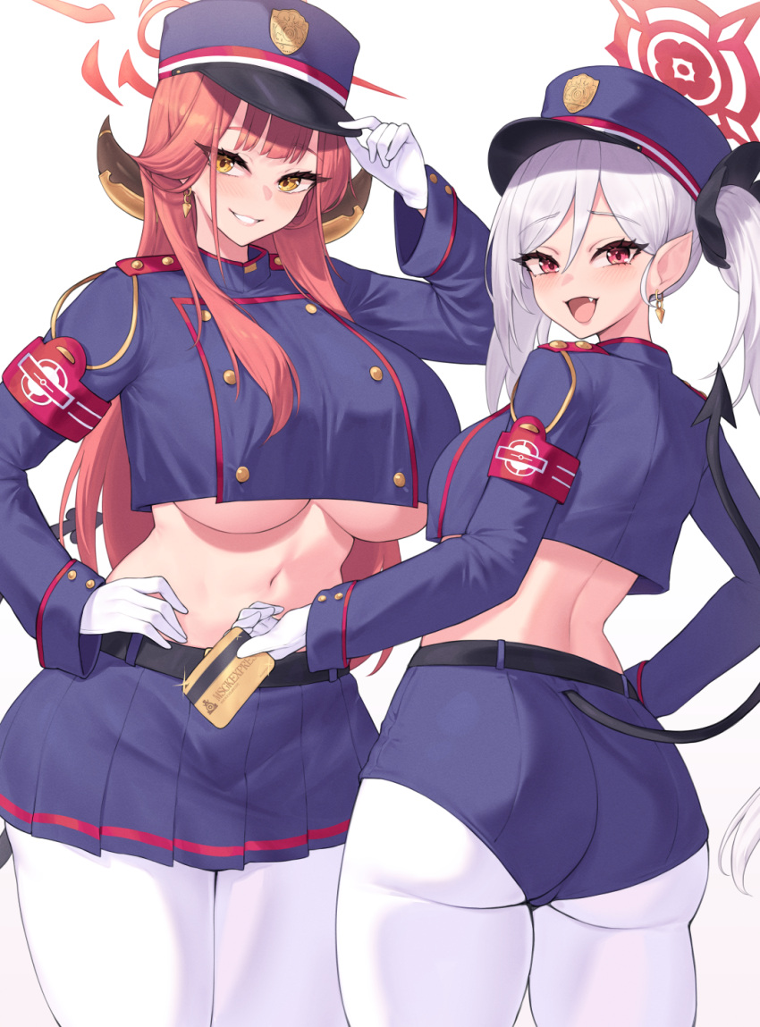 2girls :d adjusting_clothes adjusting_headwear arm_up armband aru_(blue_archive) ass belt blue_archive blue_shorts blue_skirt breasts commentary_request cosplay cowboy_shot crop_top cropped_jacket demon_tail earrings from_behind gloves grin hair_between_eyes hat highres hikari_(blue_archive) hikari_(blue_archive)_(cosplay) horns jewelry kuavera long_hair long_sleeves looking_at_viewer midriff miniskirt multiple_girls mutsuki_(blue_archive) navel nozomi_(blue_archive) nozomi_(blue_archive)_(cosplay) open_mouth pantyhose peaked_cap pink_hair pleated_skirt pointy_ears raised_eyebrows short_shorts shorts sidelocks simple_background skirt smile standing stomach tail thighs twintails underboob very_long_hair white_background white_gloves white_hair white_pantyhose yellow_eyes