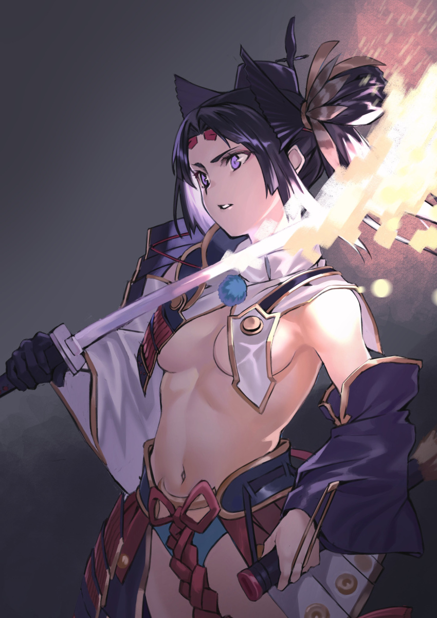 1girl absurdres armor asymmetrical_clothes asymmetrical_sleeves black_gloves black_hair black_hat blue_eyes blue_panties breast_curtains breasts detached_sleeves fate/grand_order fate_(series) feathers gloves glowing glowing_weapon hat highres hiro_(hirohiro_gorira) holding holding_sheath holding_sword holding_weapon japanese_armor katana kusazuri linea_alba long_hair mismatched_sleeves navel panties pom_pom_(clothes) purple_sleeves revealing_clothes sheath shoulder_armor showgirl_skirt side_ponytail single_glove single_pantsleg sode solo stomach sword tassel tate_eboshi underwear unsheathed ushiwakamaru_(fate) weapon white_sleeves