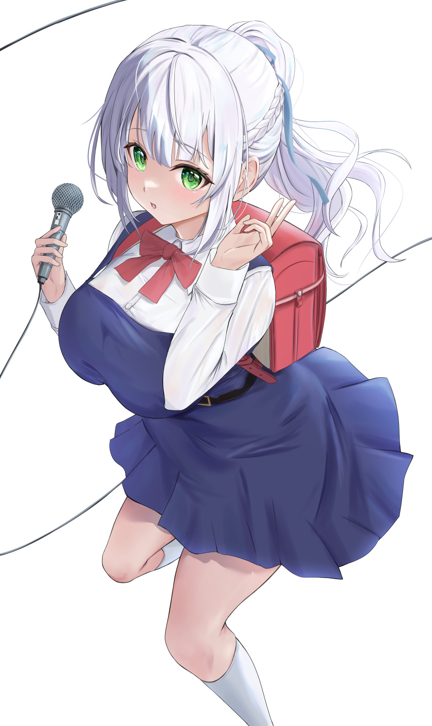 1girl absurdres backpack bag blue_dress blush bow breasts cosplay dress green_eyes grey_hair highres holding holding_microphone hololive indie_virtual_youtuber large_breasts looking_at_viewer microphone mochiki_927 open_mouth pinafore_dress pleated_dress ponytail randoseru red_bag red_bow shigure_ui_(vtuber) shigure_ui_(vtuber)_(cosplay) shigure_ui_(vtuber)_(young) shirogane_noel shirt shukusei!!_loli-gami_requiem sleeveless sleeveless_dress uniform virtual_youtuber white_shirt