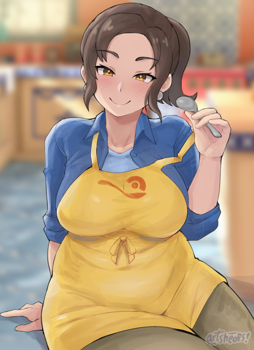 1girl absurdres apron artist_name artsheops blue_shirt blurry blurry_background blush breasts brown_eyes brown_hair clothes_lift collared_shirt depth_of_field earrings english_commentary highres holding holding_spoon indoors jewelry large_breasts looking_at_viewer paldea_mother pokemon pokemon_sv ponytail shirt simple_background sitting sleeves_rolled_up smile solo sphere_earrings spoon yellow_apron