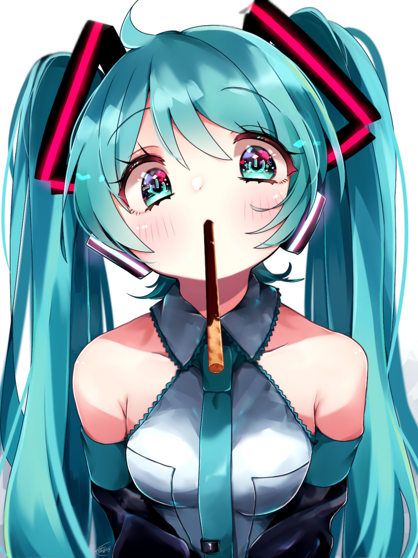 1girl ahoge aqua_eyes aqua_hair aqua_nails aqua_necktie bare_shoulders black_sleeves blush breasts collared_shirt commentary detached_sleeves eye_contact food food_in_mouth glowing hatsune_miku highres incoming_pocky_kiss koyubisennti looking_at_another looking_at_viewer medium_breasts mouth_hold necktie pocky pocky_day pocky_in_mouth shirt upper_body vocaloid white_background