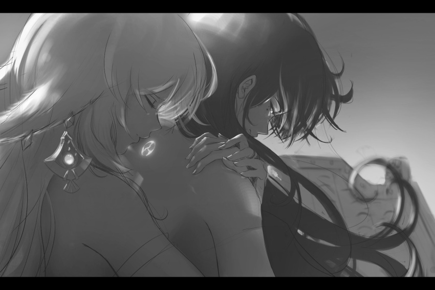 2girls closed_eyes closed_mouth commentary earrings english_commentary genshin_impact greyscale hand_on_another's_hand hand_on_another's_shoulder highres hug hug_from_behind jewelry ker0nit0 letterboxed long_hair mole mole_under_eye monochrome multiple_girls nude raiden_shogun smile unfinished upper_body yae_miko yuri