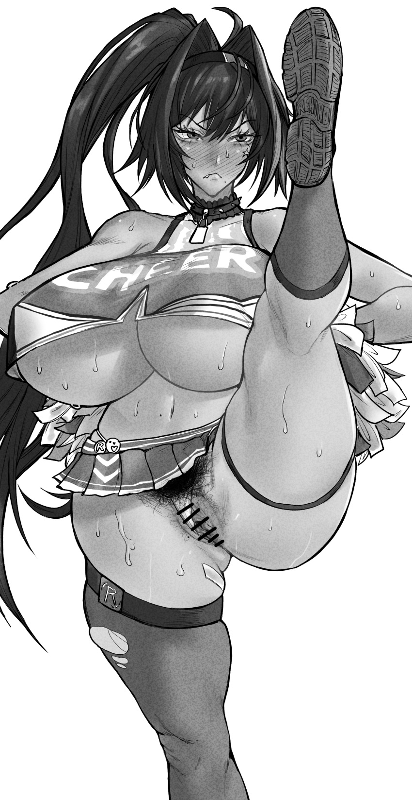 absurdres bay_(nikke) blush breasts censored cheerleader fang female_pubic_hair fukamichi_ran'ou goddess_of_victory:_nikke highres huge_breasts leg_up long_hair mole monochrome multiple_moles panties pom_pom_(cheerleading) pubic_hair pussy sweat sweatdrop underboob underwear